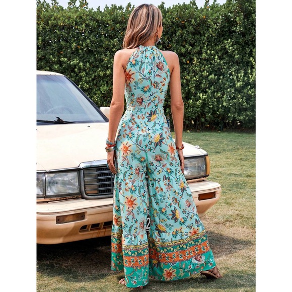 boho Floral Print Halter Neck Wide Leg Jumpsuit blue (Without Belt) - Picture 2 of 5